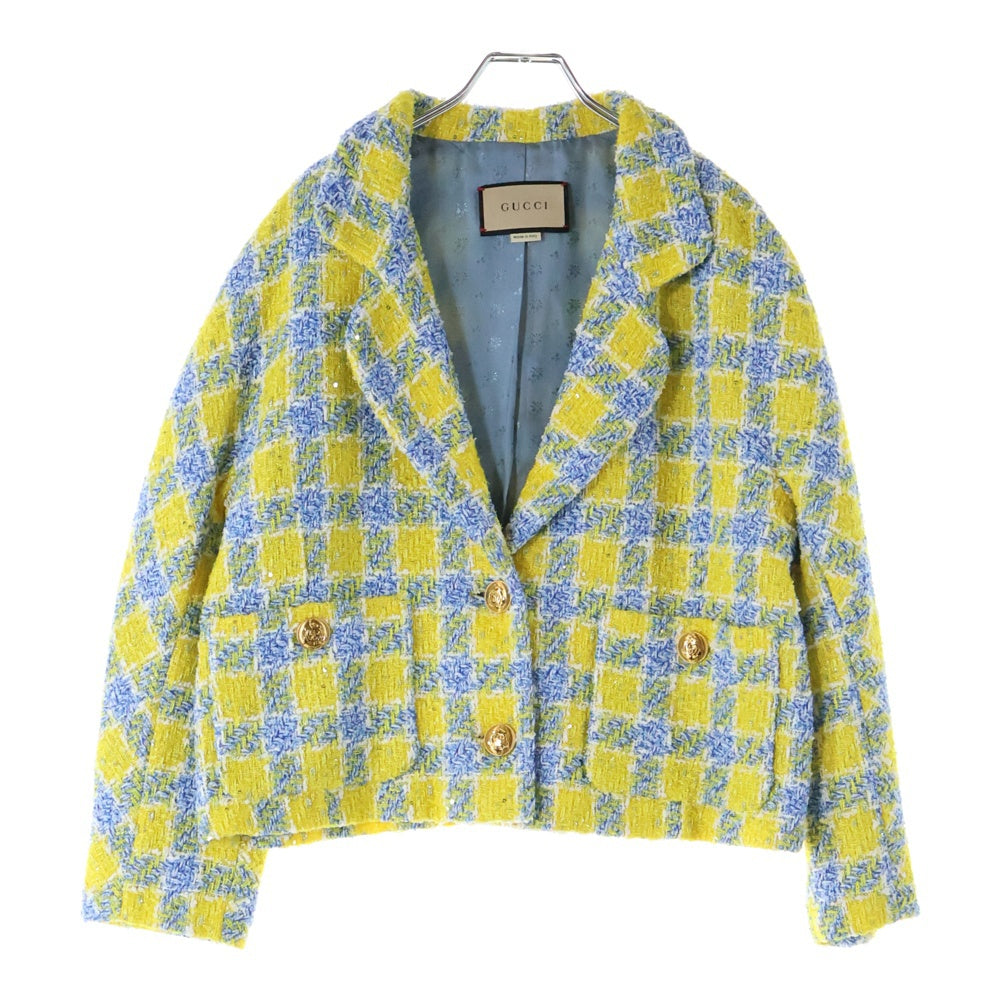 GUCCI(グッチ) インターロッキングG ロゴボタン ラメツイード チェック総柄 2B テーラードジャケット イエロー/ブルー 752649 レディース