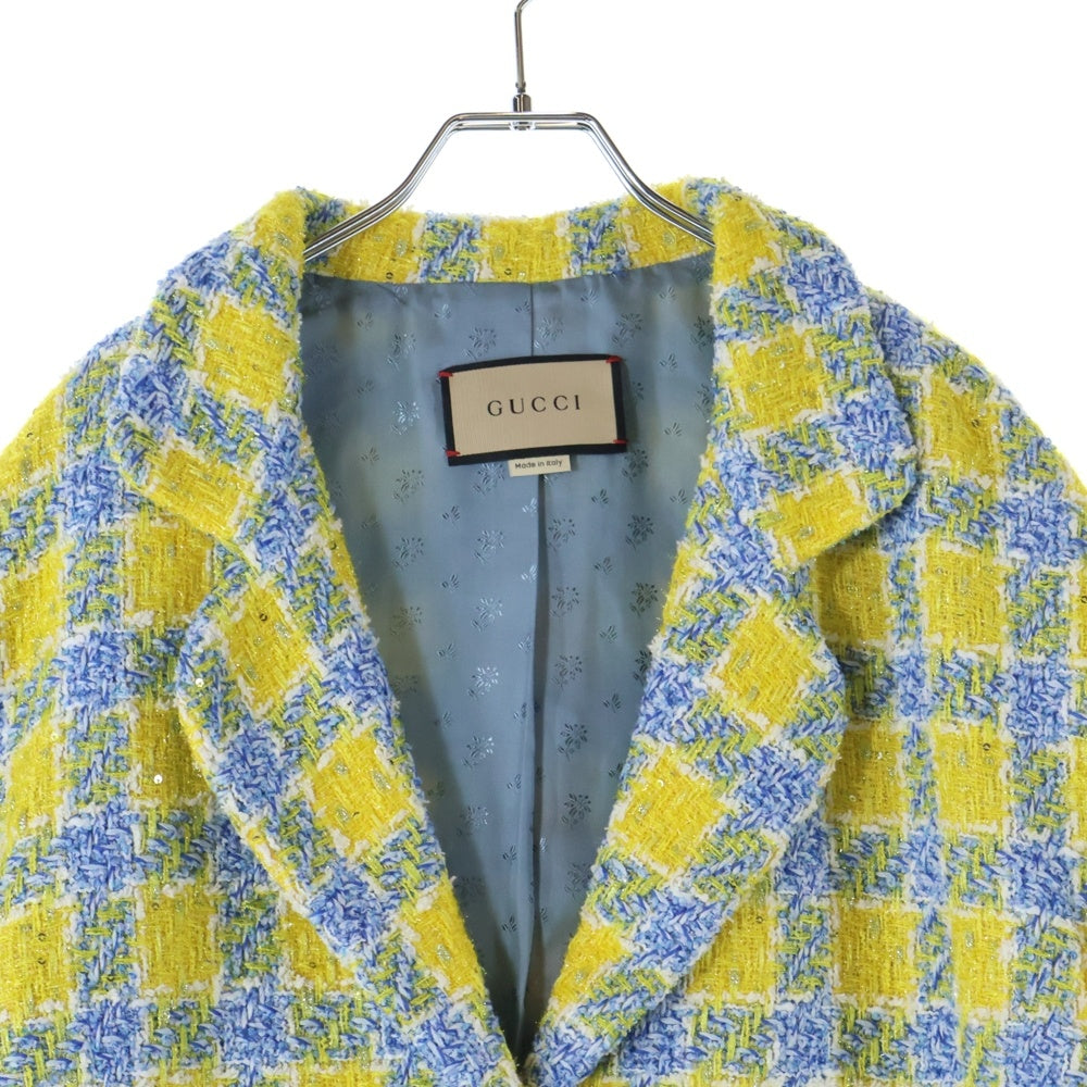 GUCCI(グッチ) インターロッキングG ロゴボタン ラメツイード チェック総柄 2B テーラードジャケット イエロー/ブルー 752649 レディース