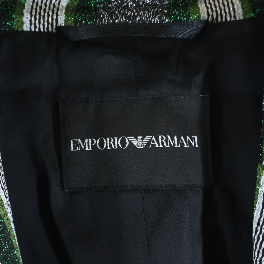 EMPORIO ARMANI(エンポリオアルマーニ) ラメ ストライプ総柄 ジャガード チェスター ロングコート シルバー/グリーン レディース