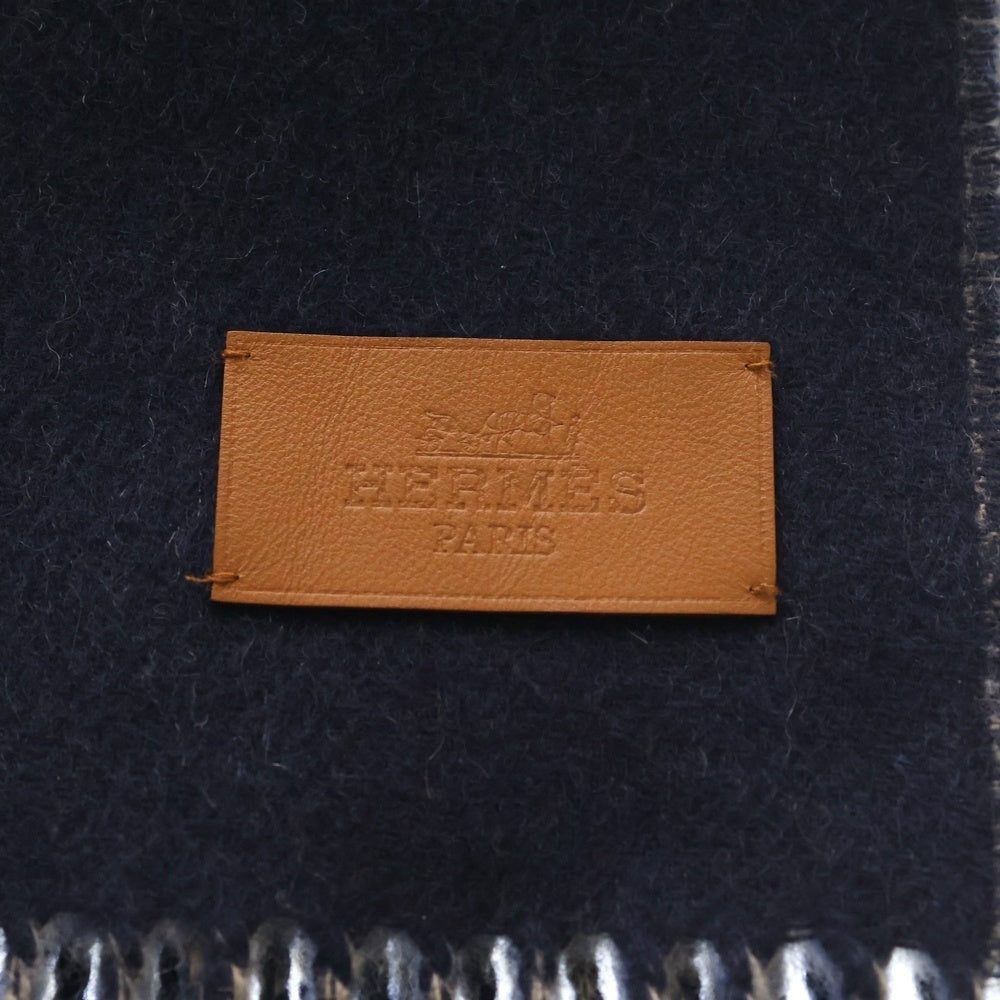 HERMES(エルメス) カシミヤ フリンジ ダブルフェイス マフラー ストール ベージュ/ネイビー レディース