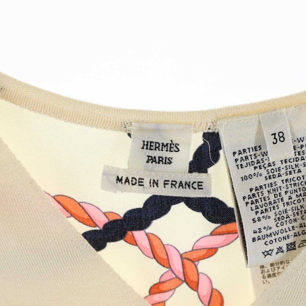 HERMES(エルメス) ツイルレーヌ 馬具柄プリント シルクスカーフ切り替え Vネック ノースリーブ ニット ワンピース ドレス ベージュ レディース