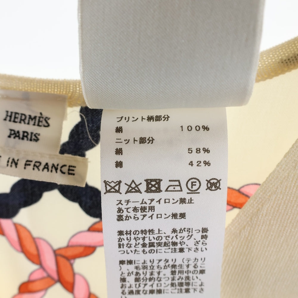 HERMES(エルメス) ツイルレーヌ 馬具柄プリント シルクスカーフ切り替え Vネック ノースリーブ ニット ワンピース ドレス ベージュ レディース