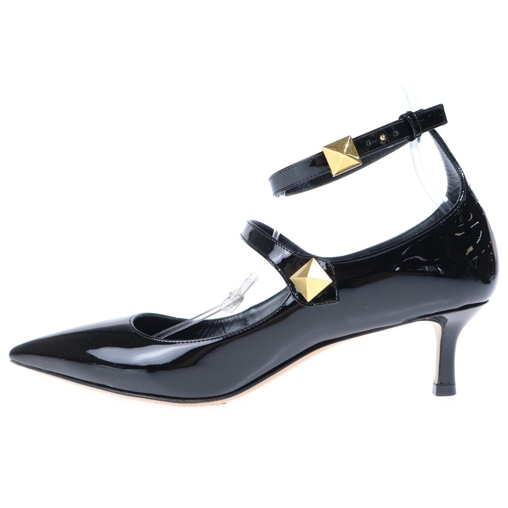 VALENTINO(ヴァレンティノ) ロックスタッズ パテントレザー ポインテッドトゥ アンクルストラップ ヒール パンプス シューズ ゴールド金具 ブラック レディース