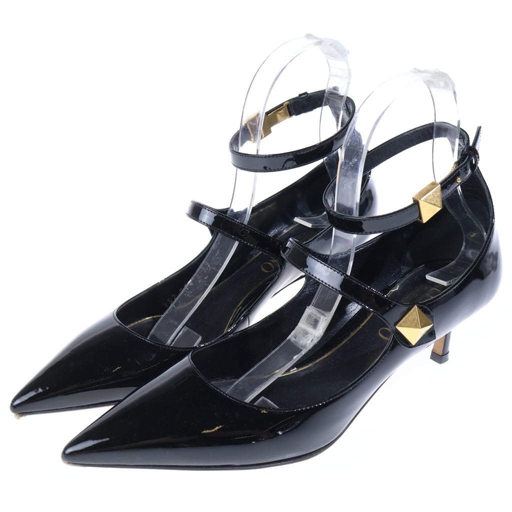 VALENTINO(ヴァレンティノ) ロックスタッズ パテントレザー ポインテッドトゥ アンクルストラップ ヒール パンプス シューズ ゴールド金具 ブラック レディース