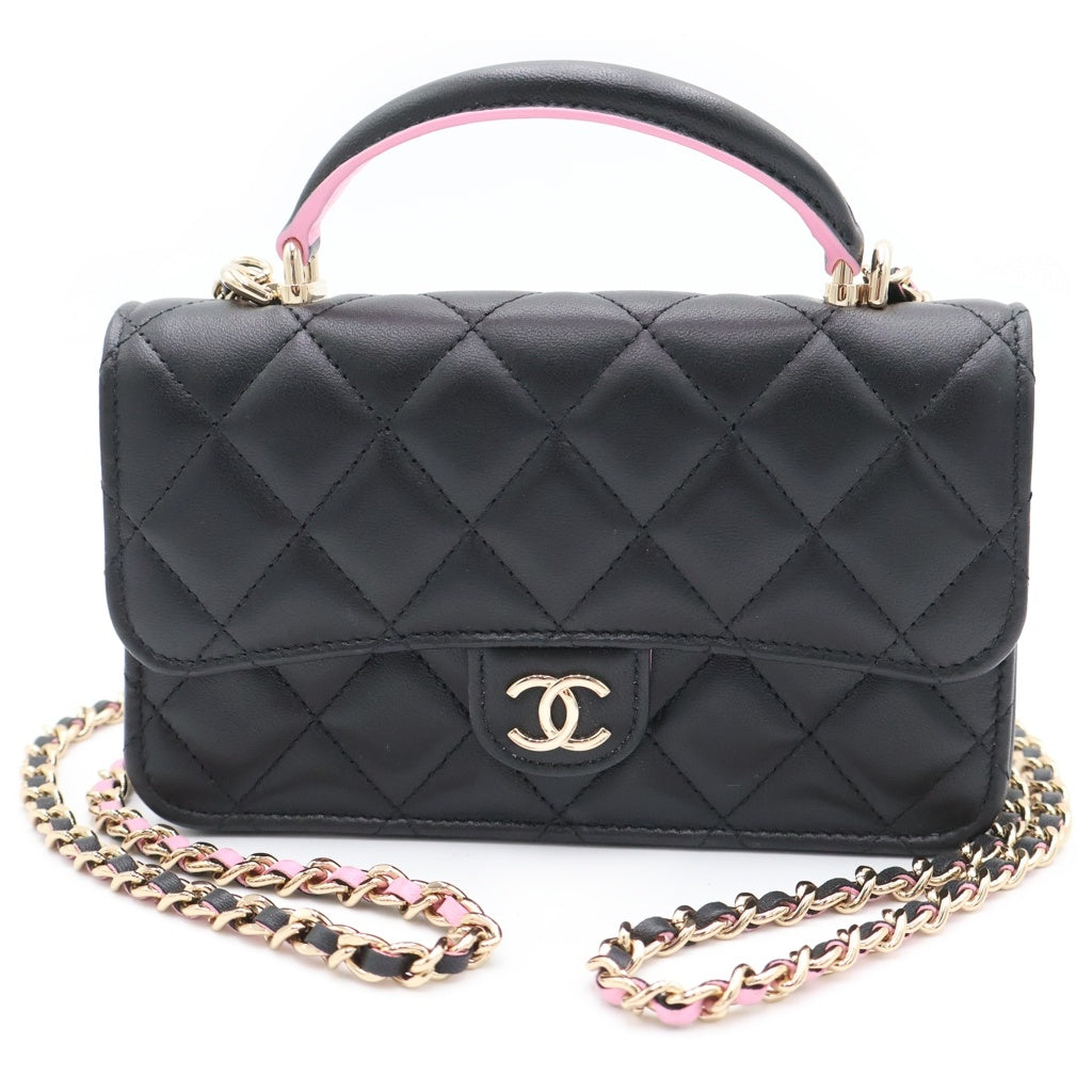 CHANEL(シャネル) マトラッセ フォンケース ショルダーバッグ ミニハンドバッグ チェーンバッグ ブラック×ピンク ラムスキン AP3226 ゴールド金具 レディース