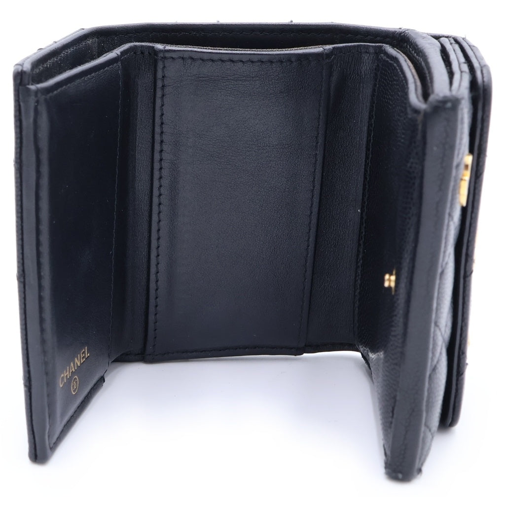 CHANEL(シャネル) ココマーク スペード×ハートチャーム 三つ折り財布 コンパクトウォレット コインケース ブラック キャビア ゴールド金具 レディース