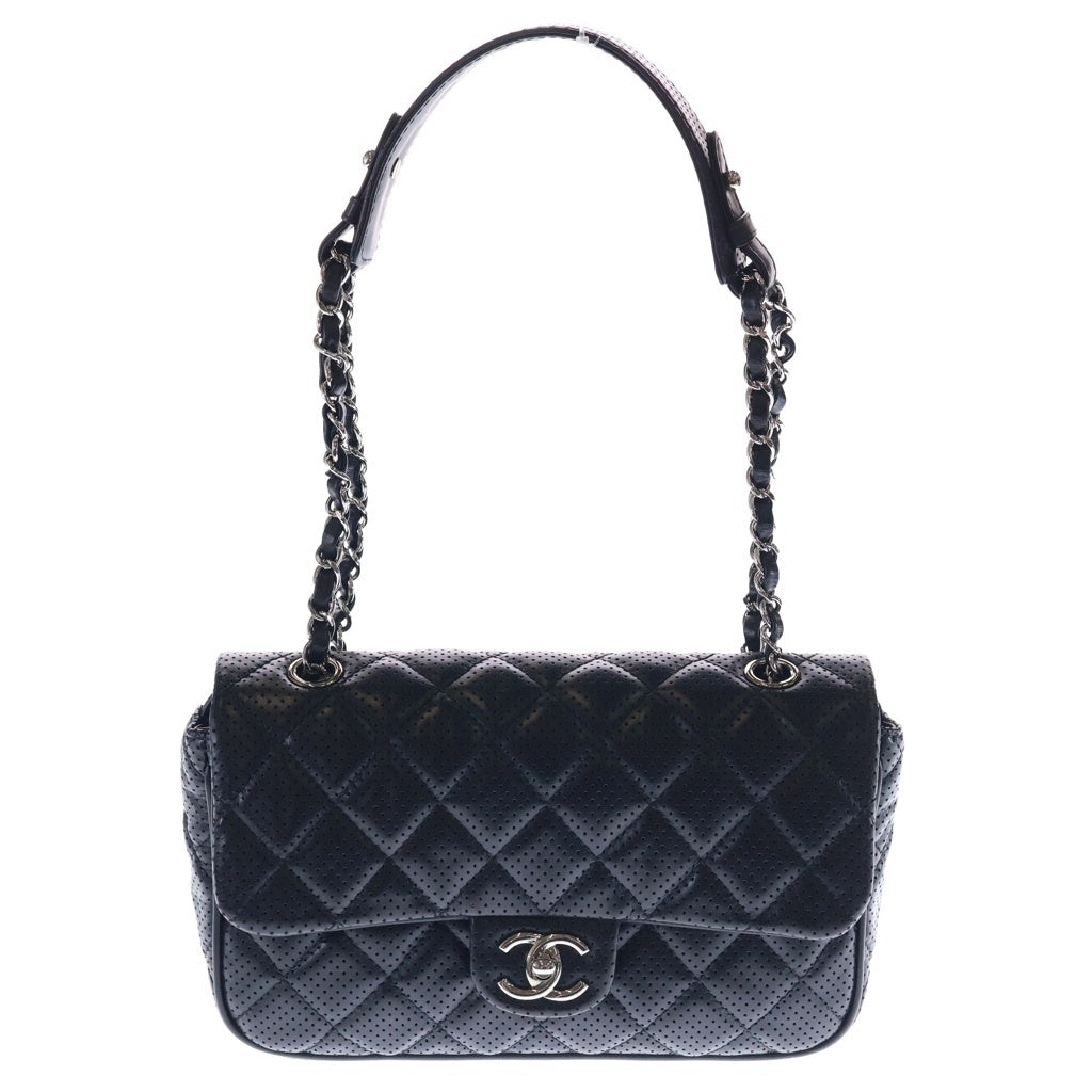 CHANEL(シャネル) マトラッセ25 パンチングレザー シングルフラップ Wチェーン ショルダーバッグ シルバー金具 ブラック 19番台 レディース