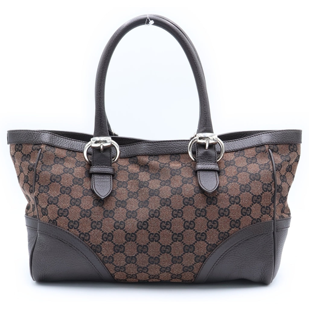 GUCCI(グッチ) GGキャンパス トートバッグ ハンドバッグ ブラウン レザー×キャンバス 289716 シルバー金具 レディース