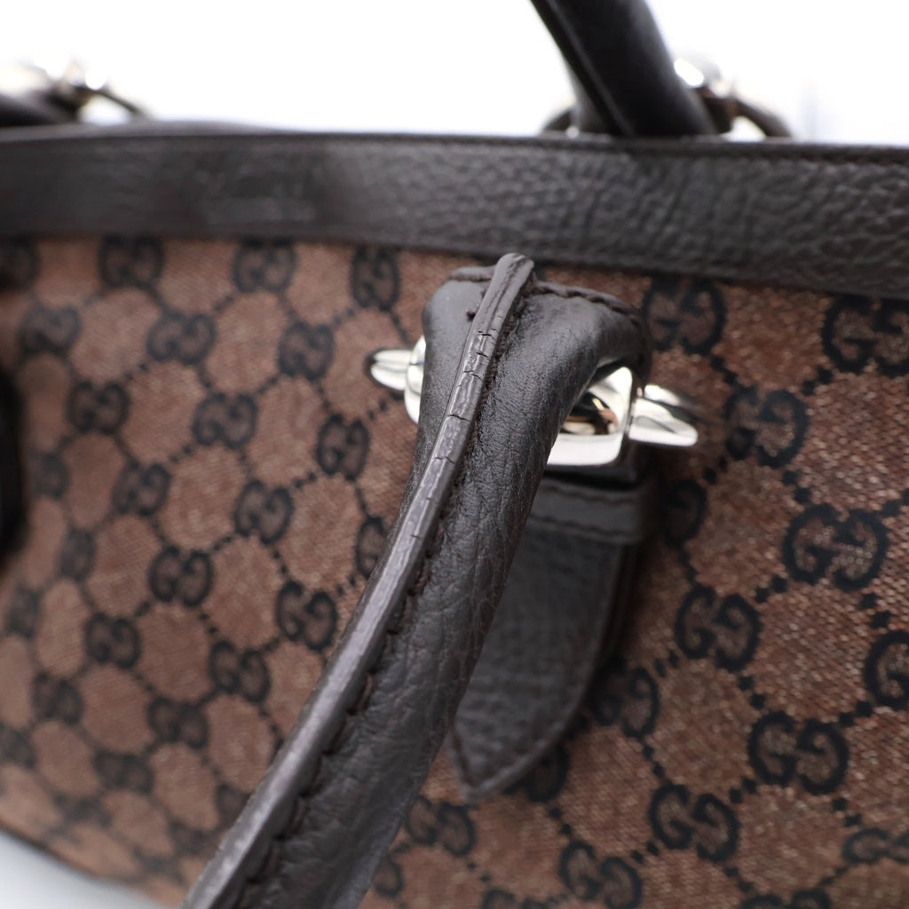 GUCCI(グッチ) GGキャンパス トートバッグ ハンドバッグ ブラウン レザー×キャンバス 289716 シルバー金具 レディース