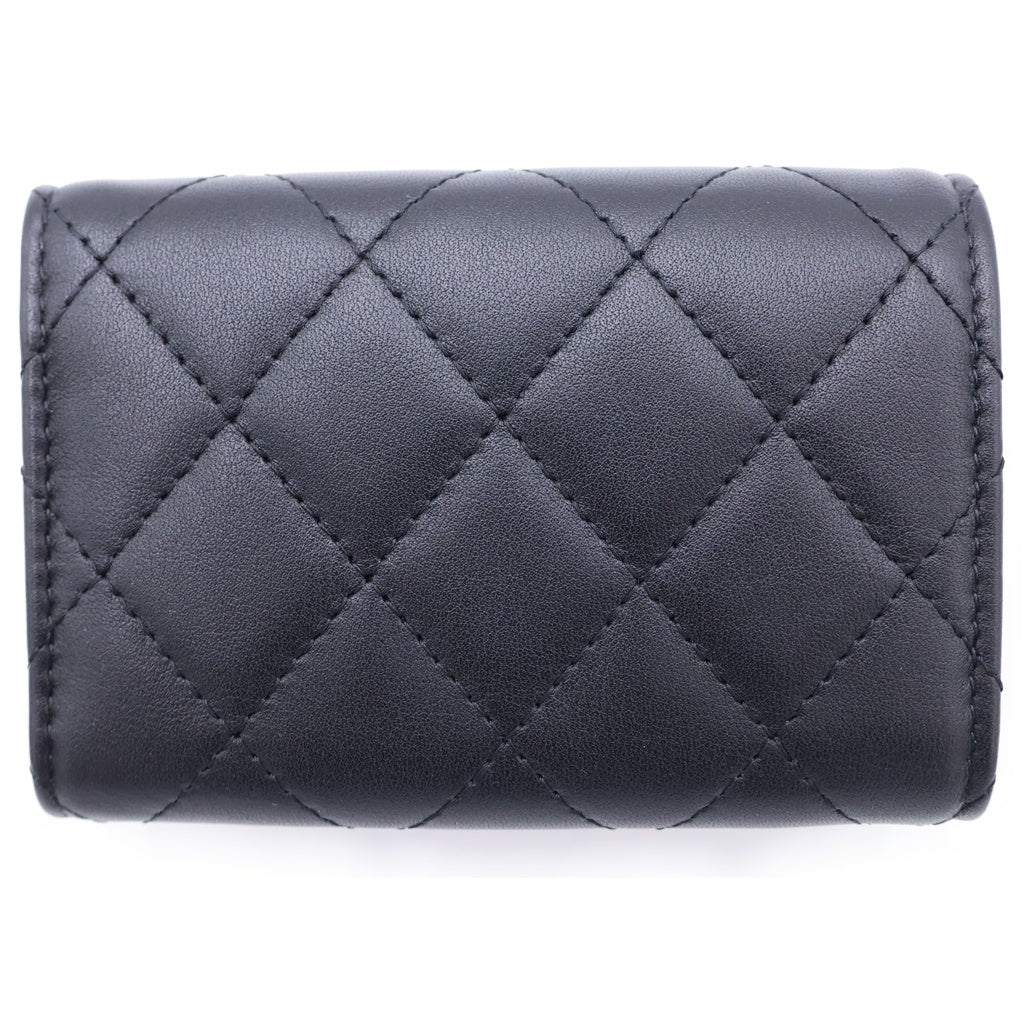 CHANEL(シャネル) ココマーク ラインストーン 三つ折り財布 コンパクトウォレット コインケース ブラック ラムスキン ゴールド金具 レディース