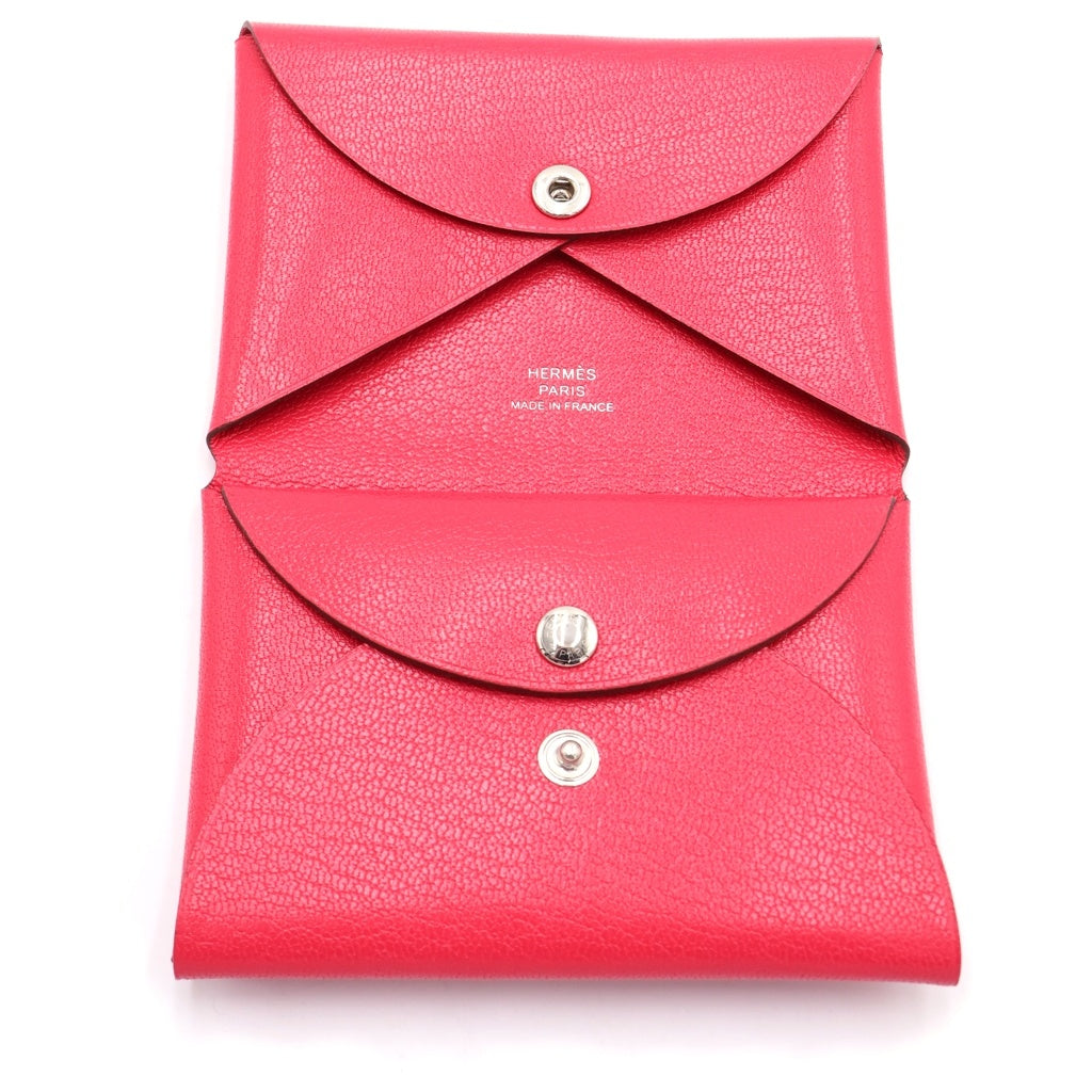 HERMES(エルメス) カルヴィ デュオ シェーブル カードケース 名刺入れ コインケース シルバー金具 ピンク レディース