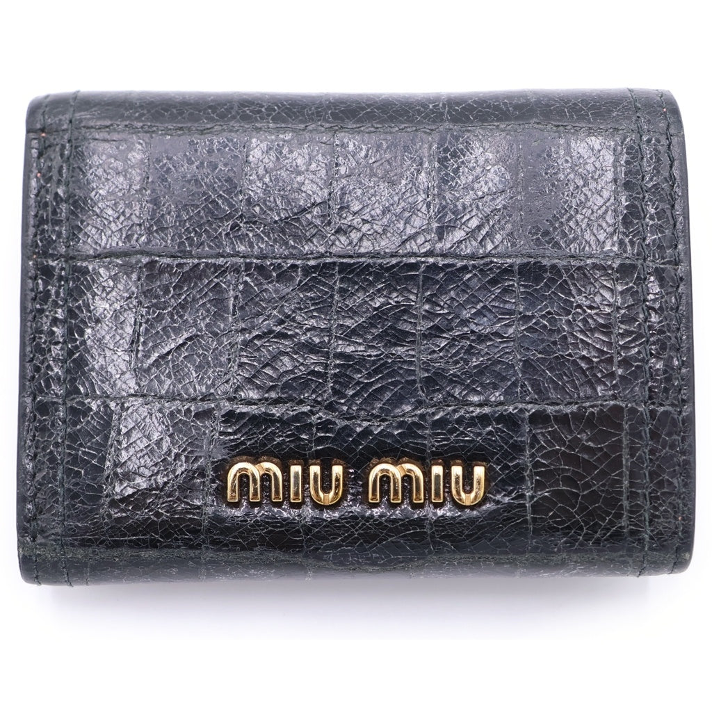 miumiu(ミュウミュウ) クロコ型押し 三つ折り財布 ミニウォレット コンパクト ロゴ レザー ブラック 5MH021 レディース