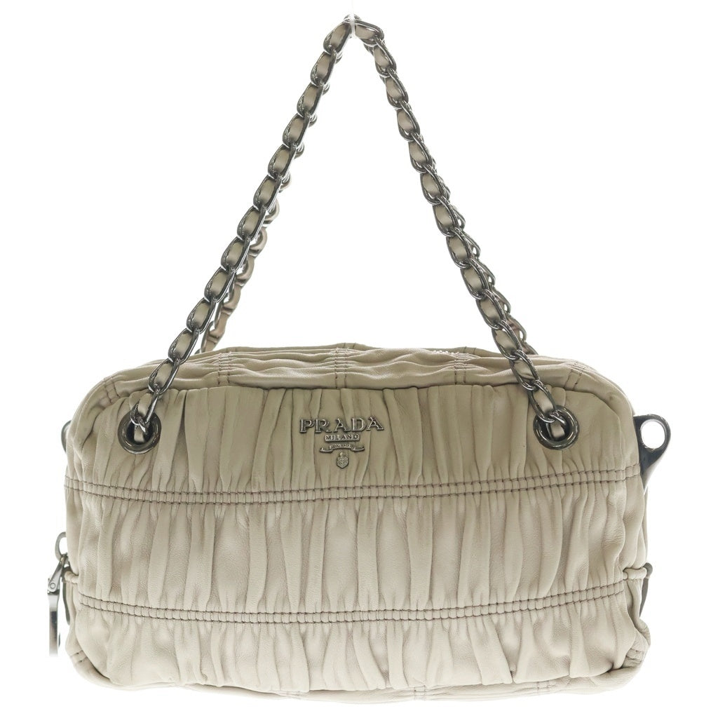 PRADA(プラダ) ギャザー 2WAY チェーンハンドバッグ ショルダーバッグ ベージュ レザー シルバー金具 レディース