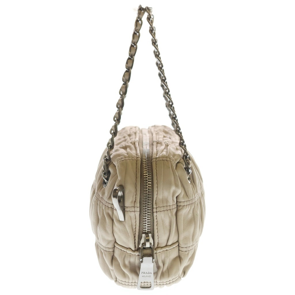 PRADA(プラダ) ギャザー 2WAY チェーンハンドバッグ ショルダーバッグ ベージュ レザー シルバー金具 レディース