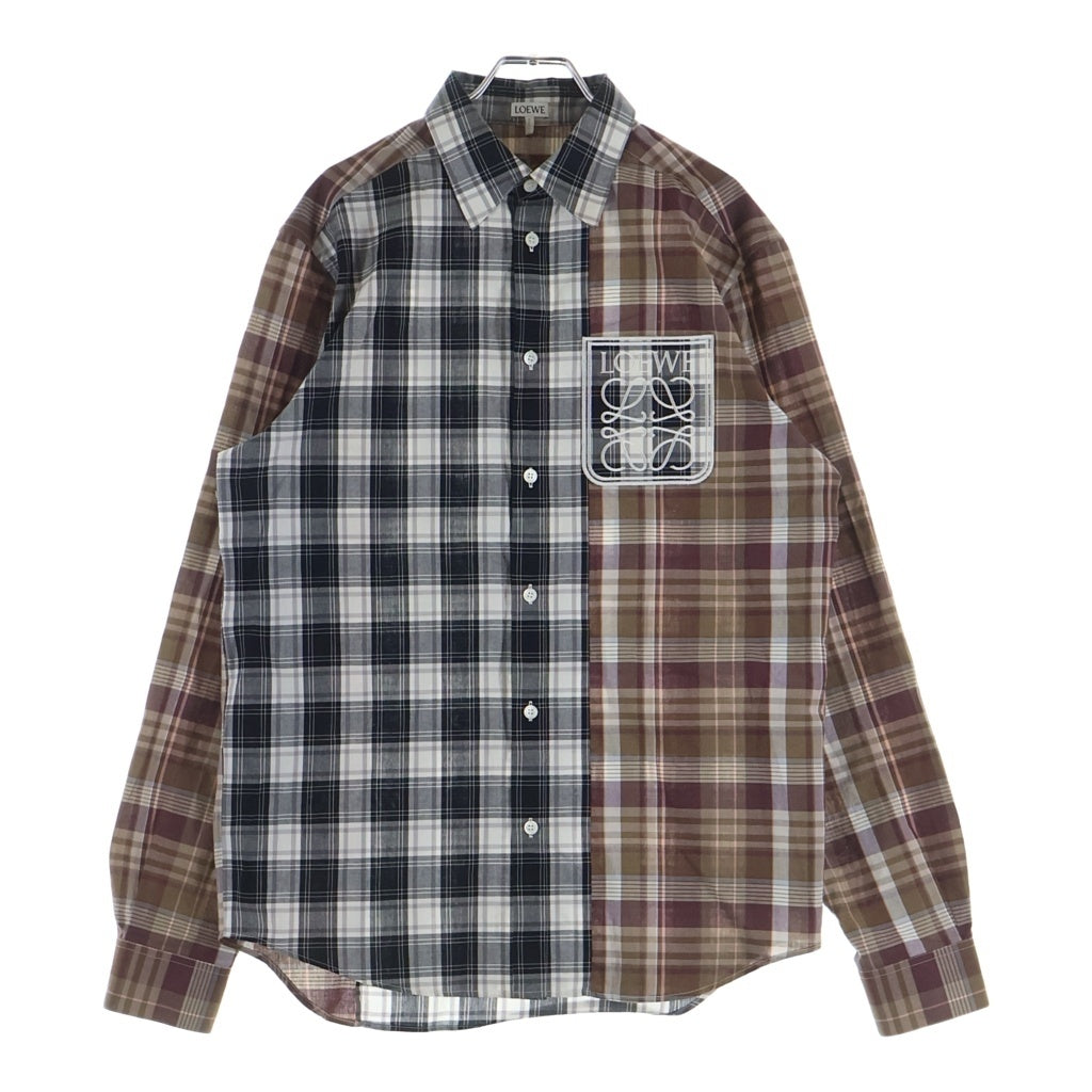 LOEWE(ロエベ) 22SS アナグラム チェック柄長袖シャツ レギュラーカラー ロゴ コットン ブラウン/グレー H526Y05W68