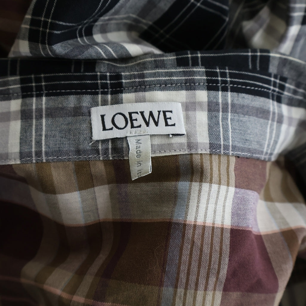 LOEWE(ロエベ) 22SS アナグラム チェック柄長袖シャツ レギュラーカラー ロゴ コットン ブラウン/グレー H526Y05W68