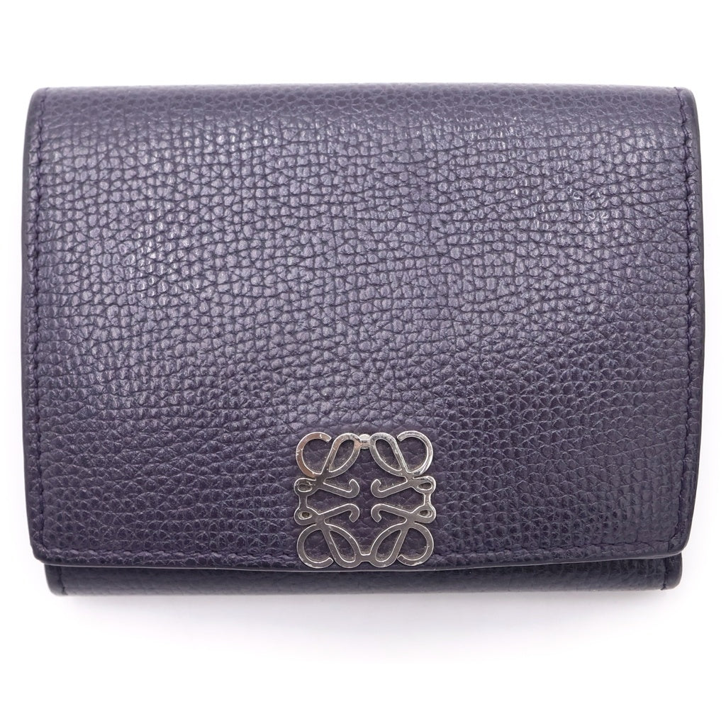 LOEWE(ロエベ) アナグラム トライフォールドウォレット コンパクトウォレット 二つ折り財布 コインケース パープル レザー シルバー金具 レディース