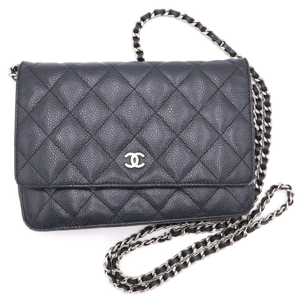 CHANEL(シャネル) ココマーク マトラッセ キャビアスキン シルバー金具 チェーンウォレット ショルダーバッグ 財布 ブラック レディース