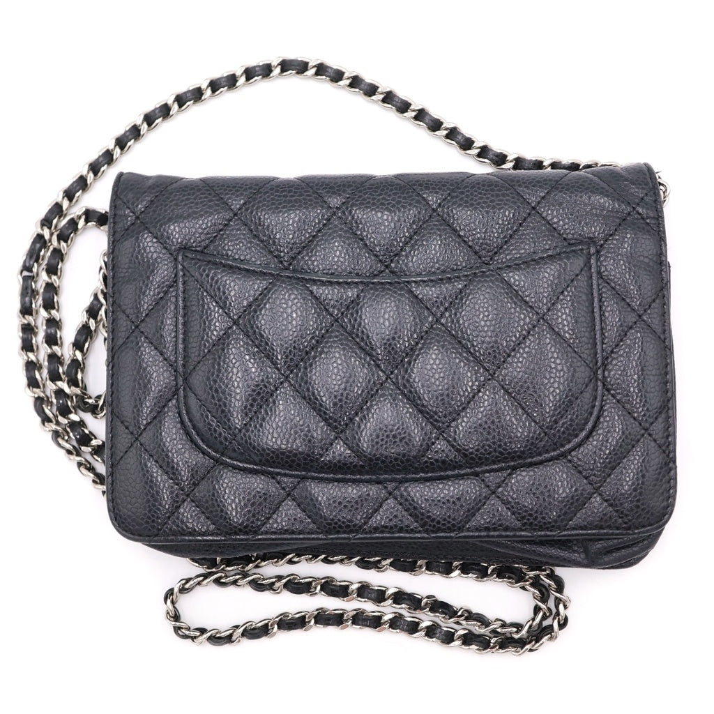 CHANEL(シャネル) ココマーク マトラッセ キャビアスキン シルバー金具 チェーンウォレット ショルダーバッグ 財布 ブラック レディース