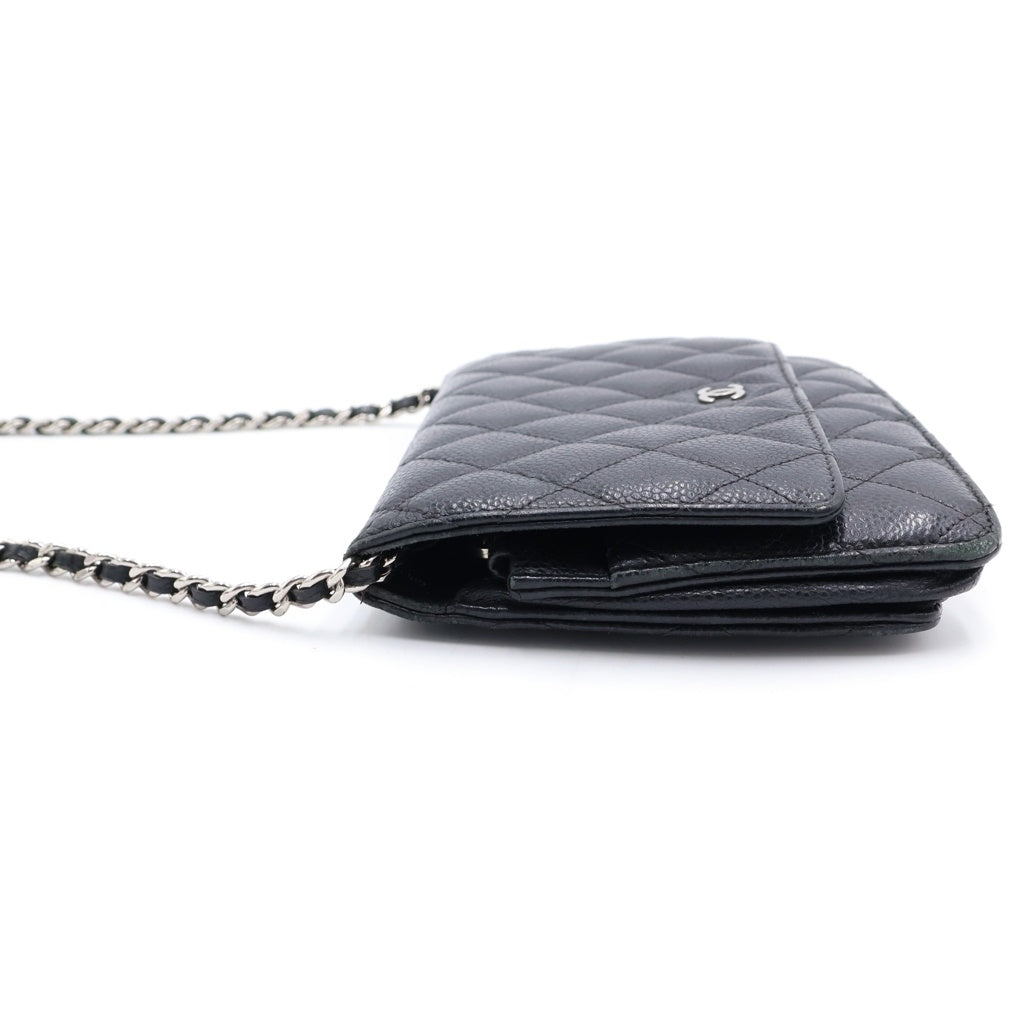 CHANEL(シャネル) ココマーク マトラッセ キャビアスキン シルバー金具 チェーンウォレット ショルダーバッグ 財布 ブラック レディース