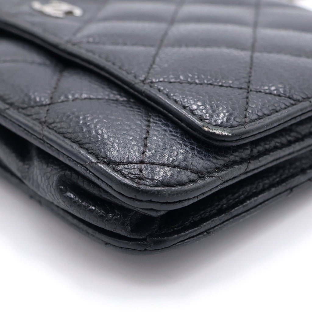 CHANEL(シャネル) ココマーク マトラッセ キャビアスキン シルバー金具 チェーンウォレット ショルダーバッグ 財布 ブラック レディース