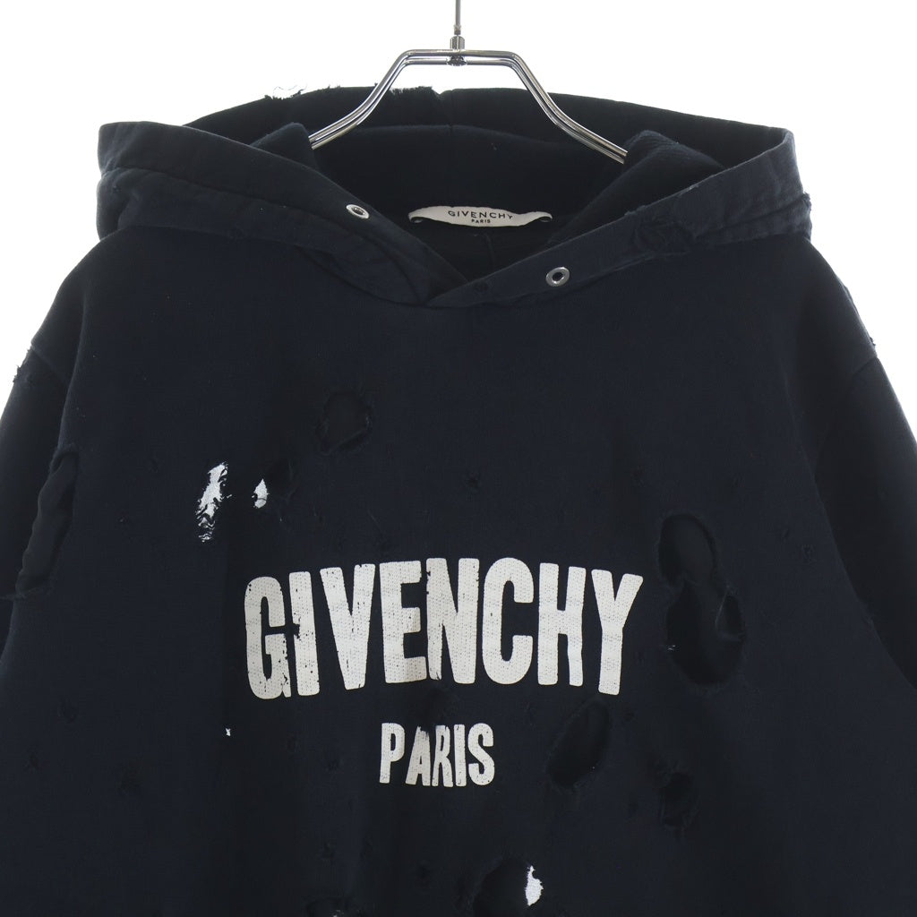 GIVENCHY(ジバンシィ) デストロイ加工 ロゴプリント コットン プルオーバー パーカー #S ブラック BM703A3Y0S