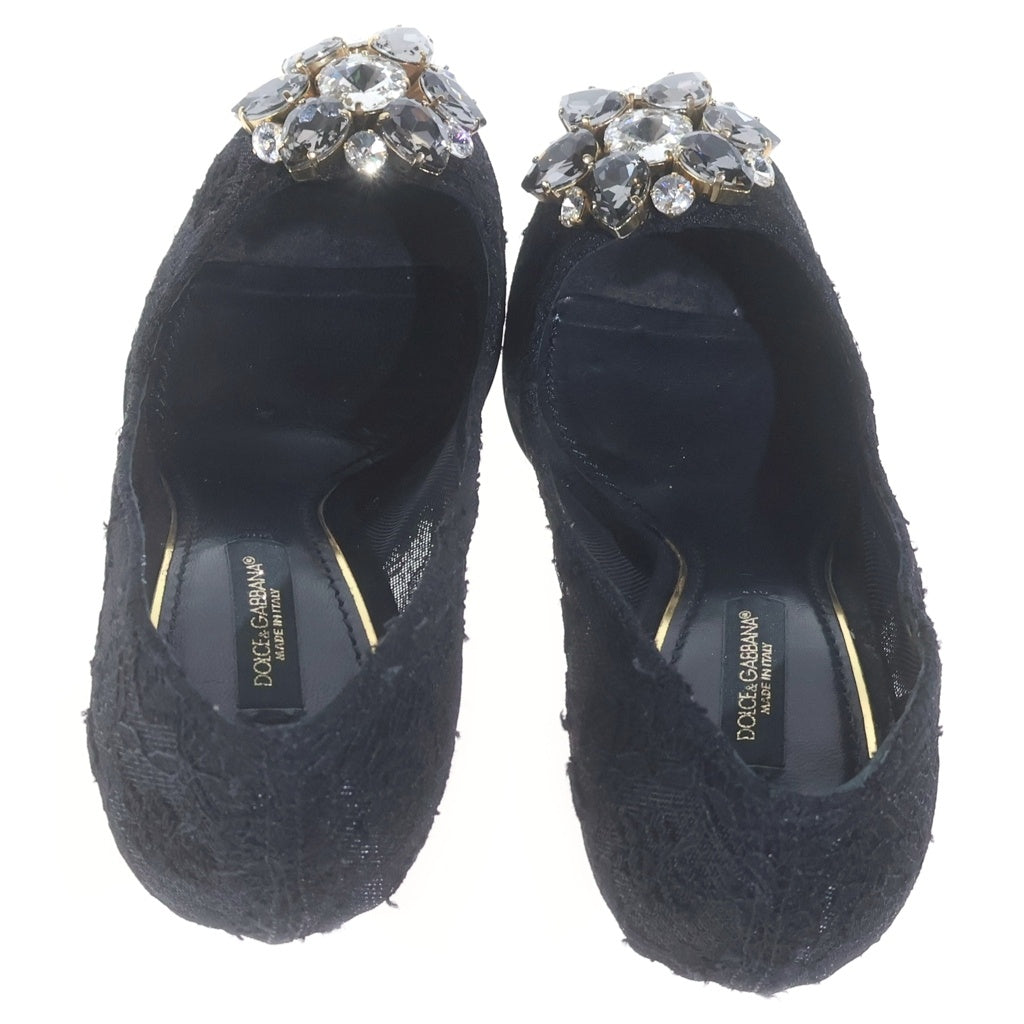 DOLCE & GABBANA(ドルチェアンドガッバーナ) フローラルレースハイヒール パンプス ラインストーン ビジュー レーヨン×やぎ革×ナイロン ブラック レディース