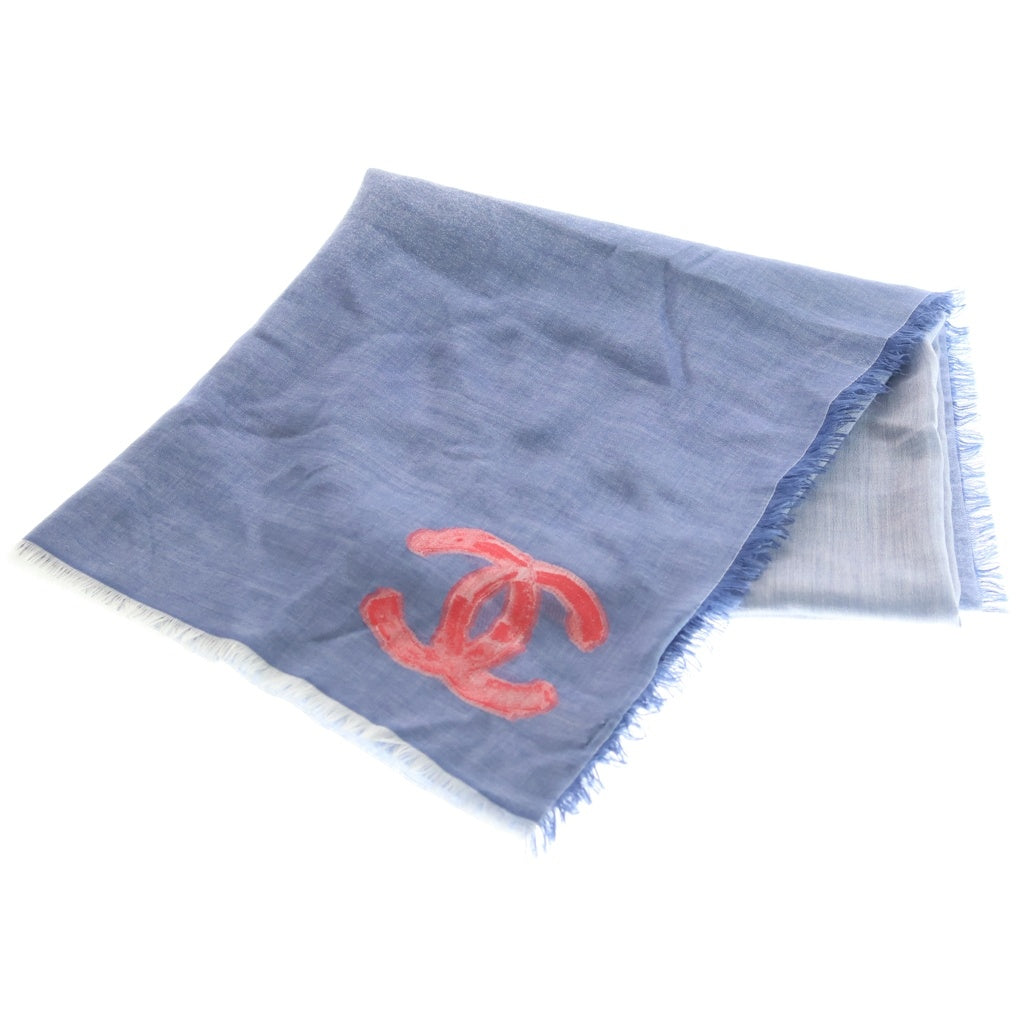 CHANEL(シャネル) CC&Camellia Logo Scarf ココマーク カメリア ロゴ 大判ストール マフラー フリンジ カシミヤ シルク ブルー