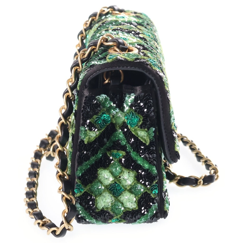 CHANEL(シャネル) マトラッセ20 Sフラップ Sチェーン スパンコール ショルダーバッグ グリーン×ブラック ゴールド金具 レディース
