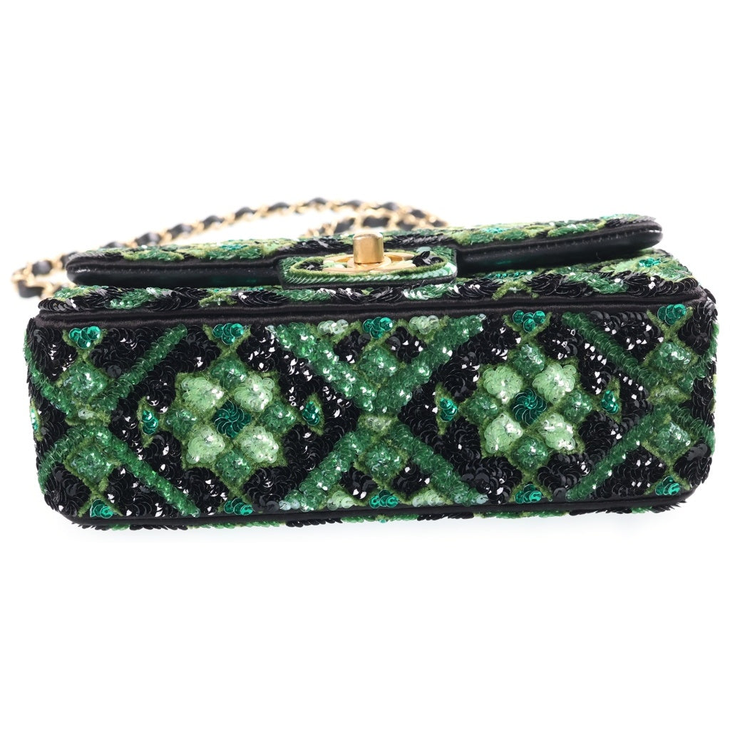 CHANEL(シャネル) マトラッセ20 Sフラップ Sチェーン スパンコール ショルダーバッグ グリーン×ブラック ゴールド金具 レディース
