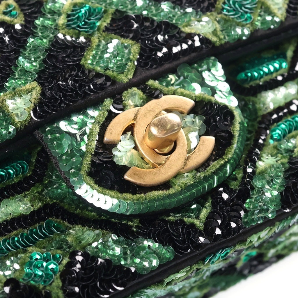 CHANEL(シャネル) マトラッセ20 Sフラップ Sチェーン スパンコール ショルダーバッグ グリーン×ブラック ゴールド金具 レディース