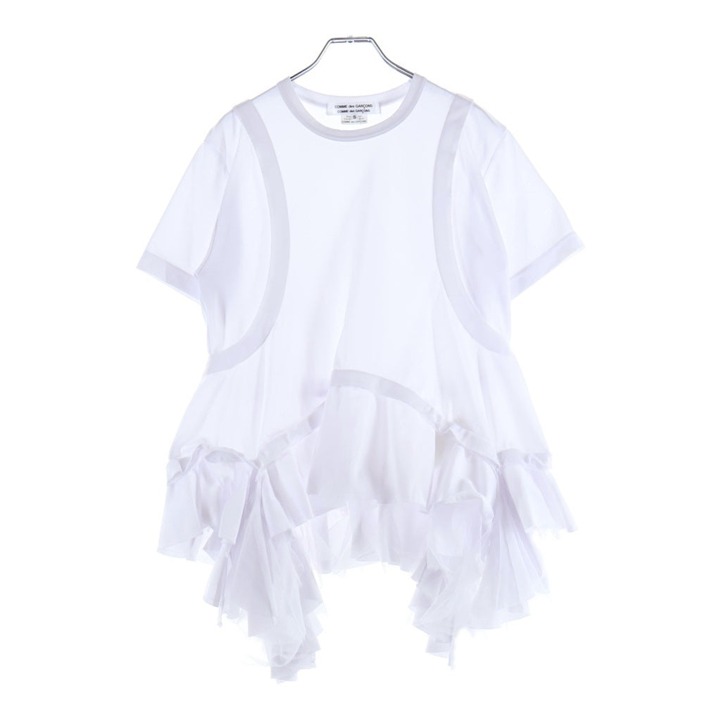 COMME des GARCONS(コムデギャルソン) 24SS チュールフリル付き クルーネック デザイン 半袖Tシャツ カットソー ホワイト RM-T014 レディース
