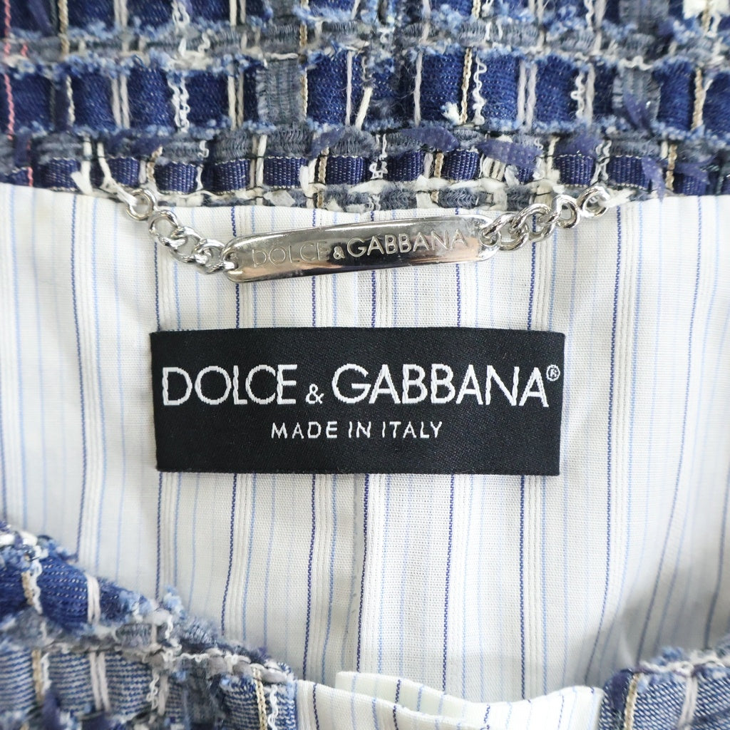 DOLCE & GABBANA(ドルチェアンドガッバーナ) 裏地 ストライプ柄 レイヤード ツイードジャケット ブルーレディース
