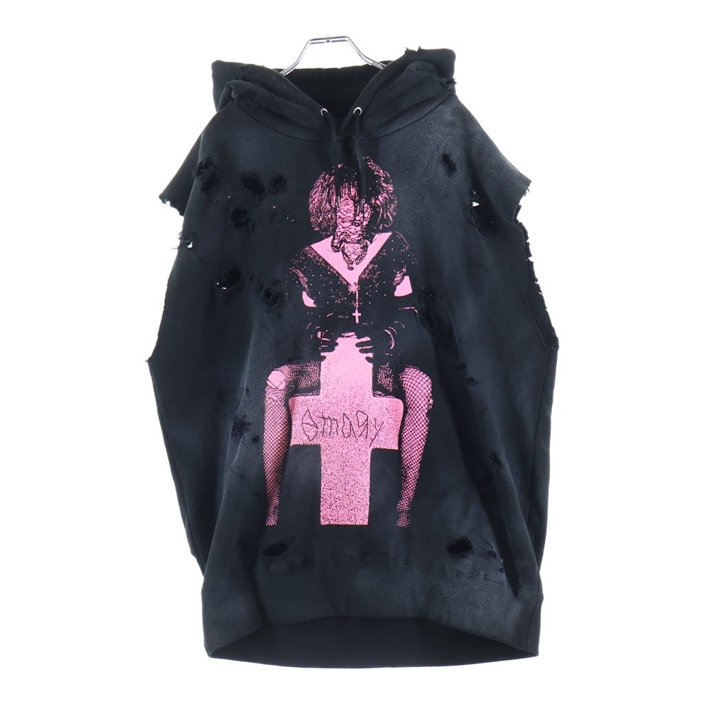 NO BRAND(ノーブランド) EMARY エメリー ダメージ加工 ノースリーブ パーカー ブラック EMSS24H011