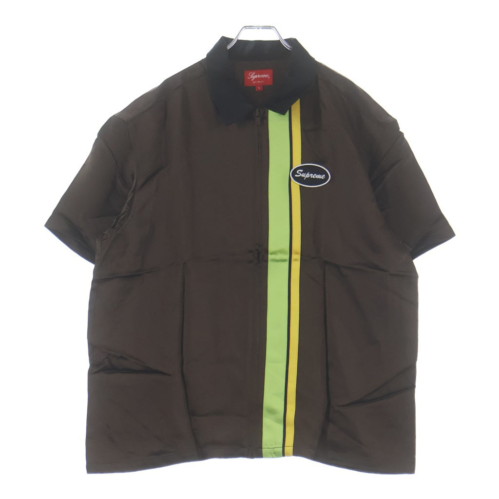 SUPREME(シュプリーム) 22SS Satin Zip Up S/S Shirt パッチロゴ フロントジップ サテン 半袖シャツ ブラウン