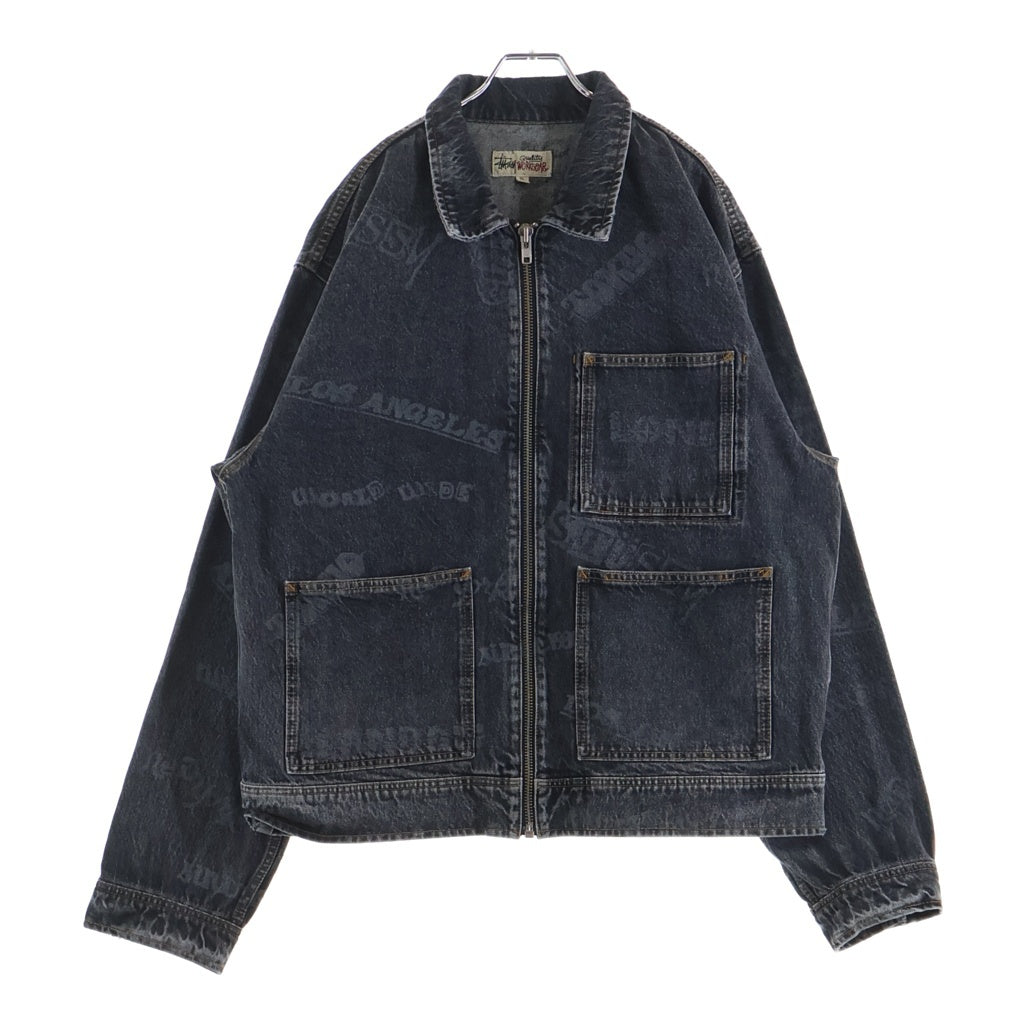 STUSSY(ステューシー) 23SS Worldwide Zip Work Jacket 総柄ロゴ フロントジップアップ デニムジャケット ブラック 115700