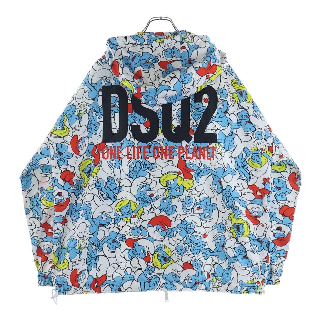 DSQUARED2(ディースクエアード) 23SS Smurfs Crowd Windbreaker スナーフ 総柄デザインロゴ ウィンドブレーカー ナイロンフーデッドジャケット ホワイト/ライトブルー S78AN0051