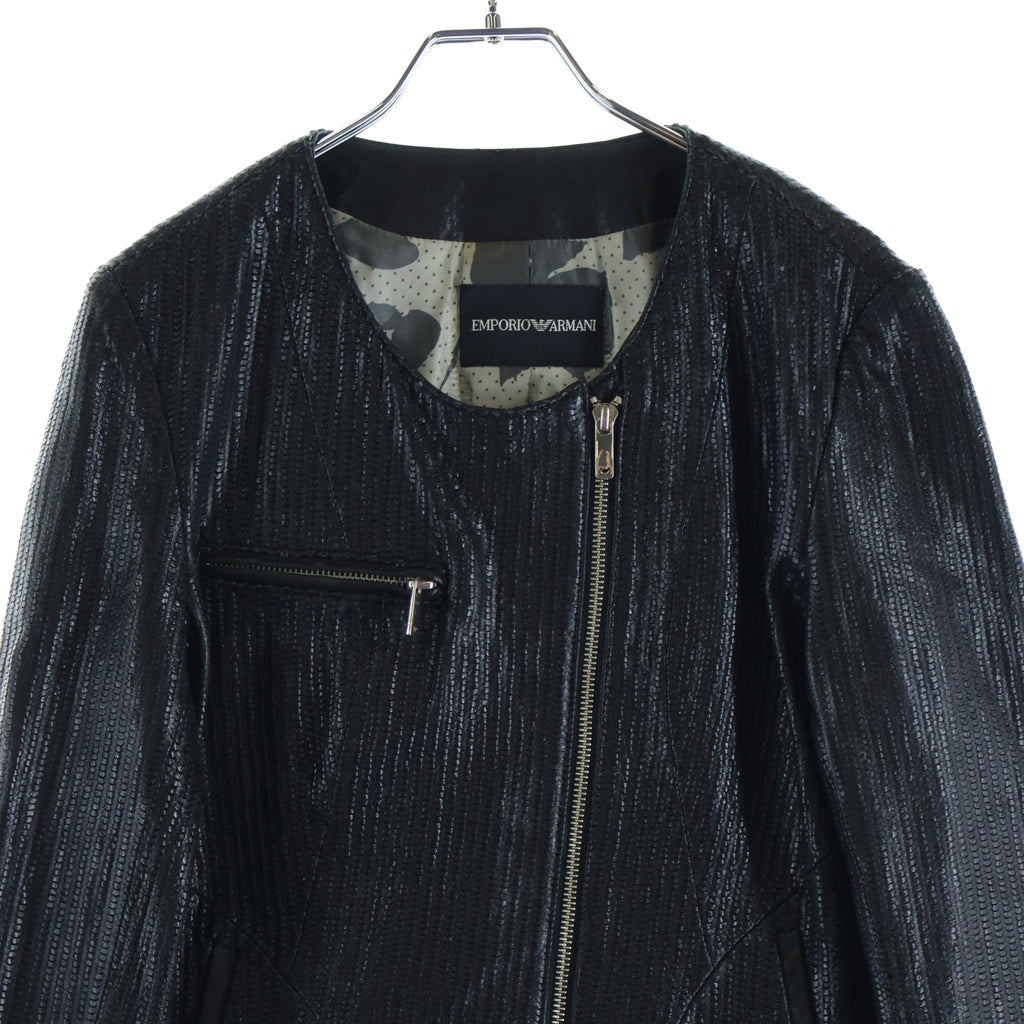 EMPORIO ARMANI(エンポリオアルマーニ) シープレザー 型押し ノーカラーライダースジャケット ブラック レディース TGP014