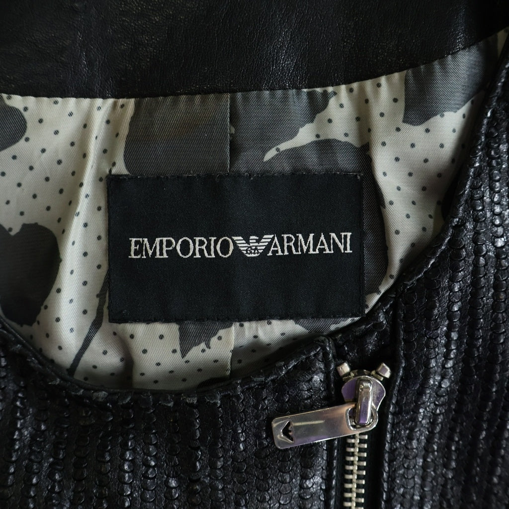 EMPORIO ARMANI(エンポリオアルマーニ) シープレザー 型押し ノーカラーライダースジャケット ブラック レディース TGP014