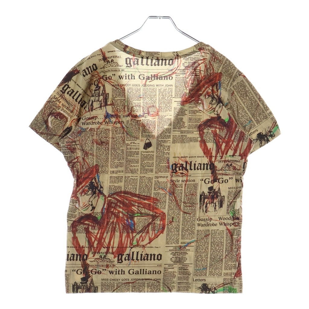 John Galliano(ジョン ガリアーノ) ニュースペーパー 総柄 Vネック半袖Tシャツ カットソー マルチカラー XR2797 82018