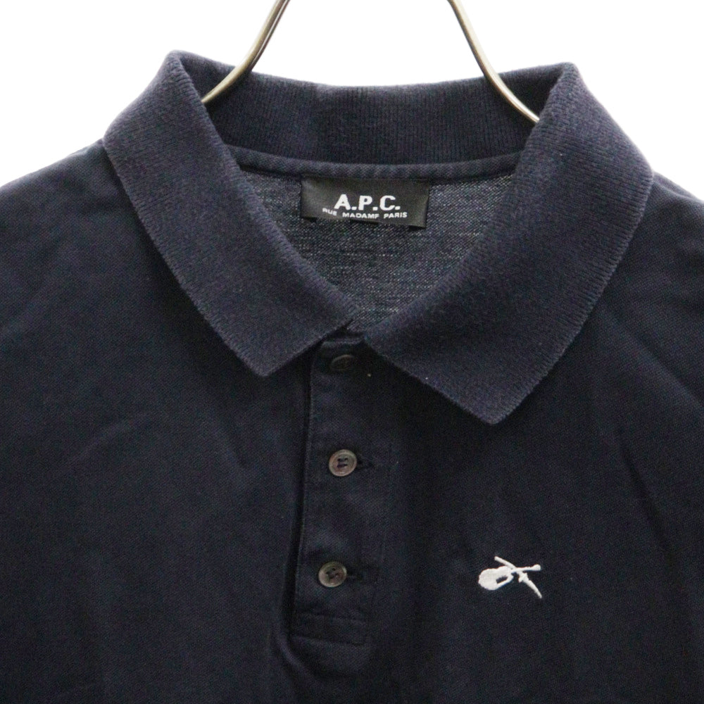 A.P.C(アーペーセー) バイオリン刺繍 鹿の子 半袖ポロシャツ ネイビー