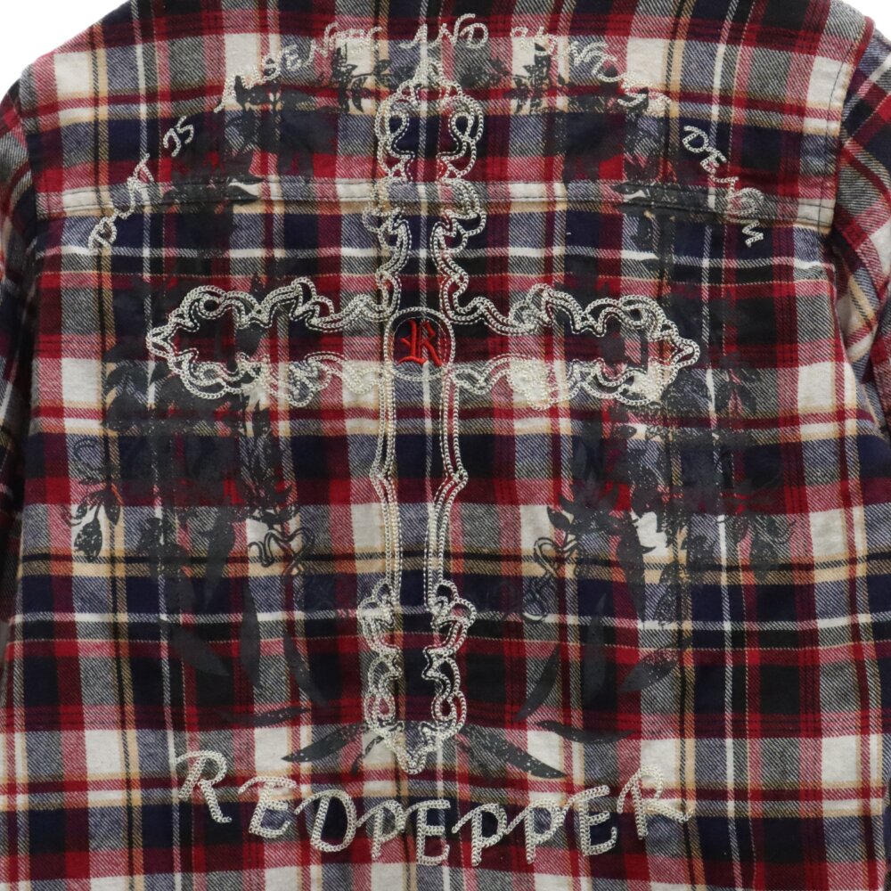 REDPEPPER(レッドペッパー) バック クロス エンブロイダリーデザイン チェック 長袖シャツ レッド/ネイビー