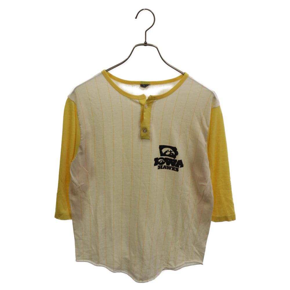 VINTAGE(ヴィンテージ) VINTAGE ヴィンテージ スポーツチームプリント ストライプ ヘンリーネック 7分丈 長袖Tシャツ カットソー イエロー