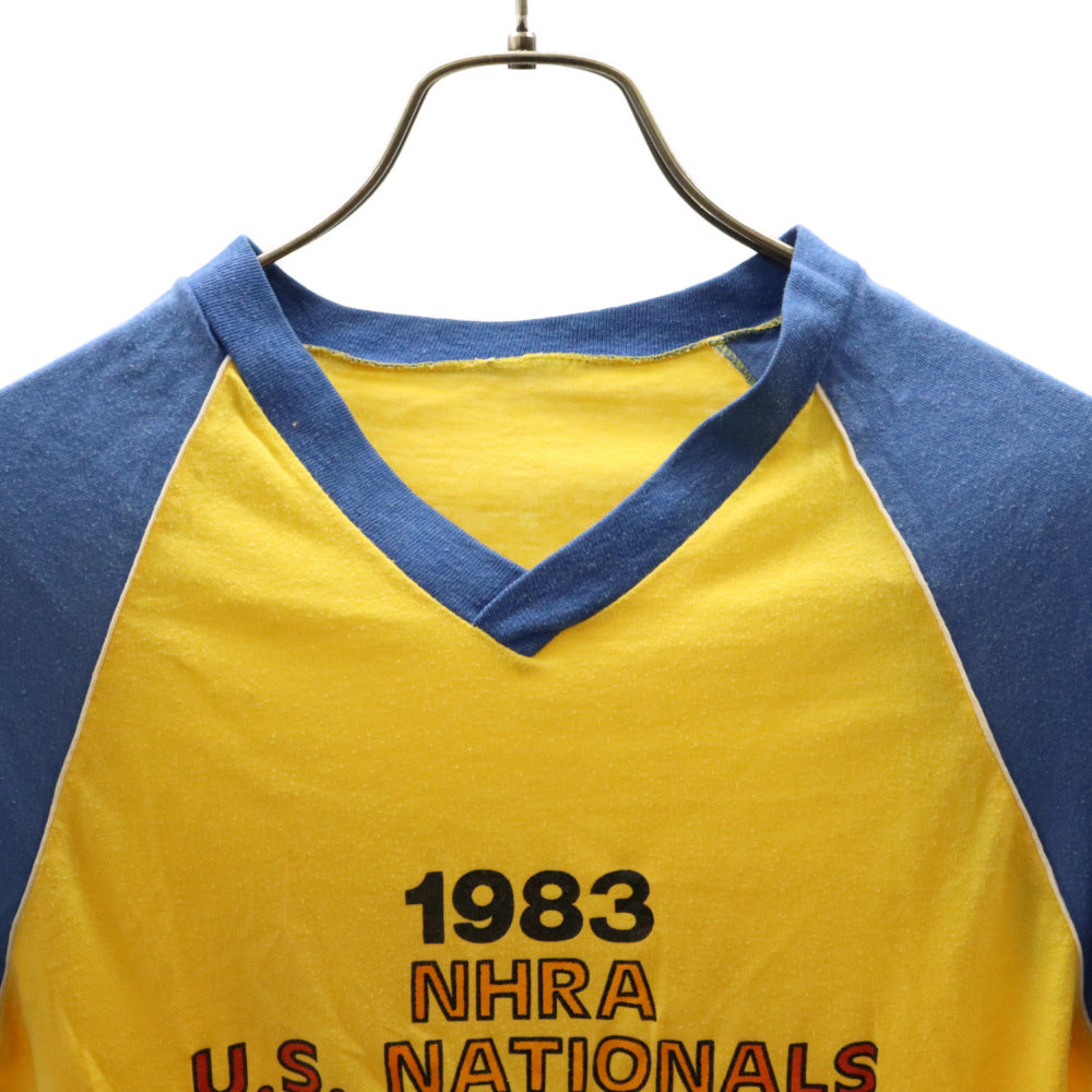 VINTAGE(ヴィンテージ) VINTAGE ヴィンテージ Vネック 両面プリント マルチカラー ラグラン 半袖Tシャツ イエロー/ブルー