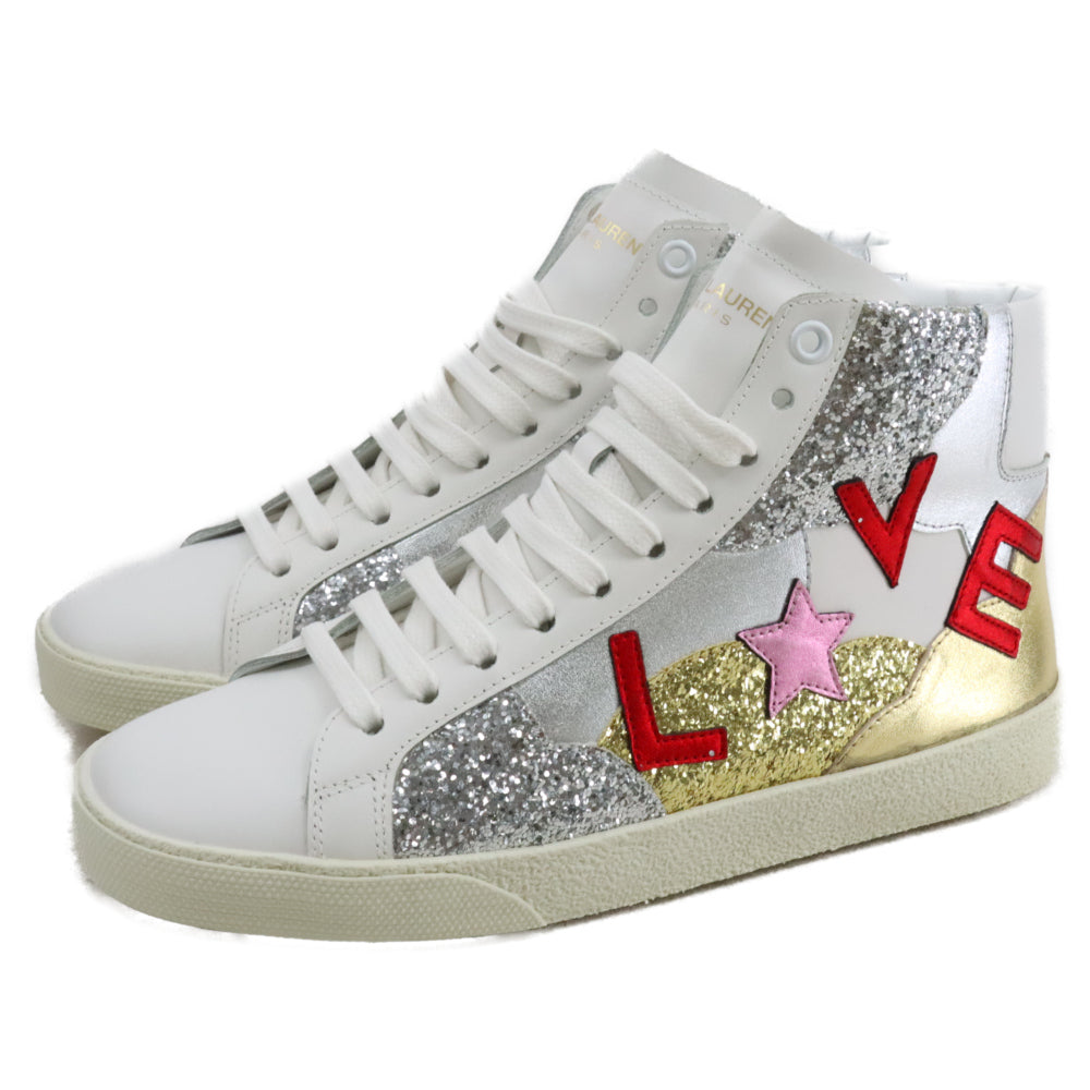 SAINT LAURENT PARIS(サンローランパリ) LOVE ラメ グリッター レザー パッチワーク ハイカット スニーカー レディース ホワイト LK457826