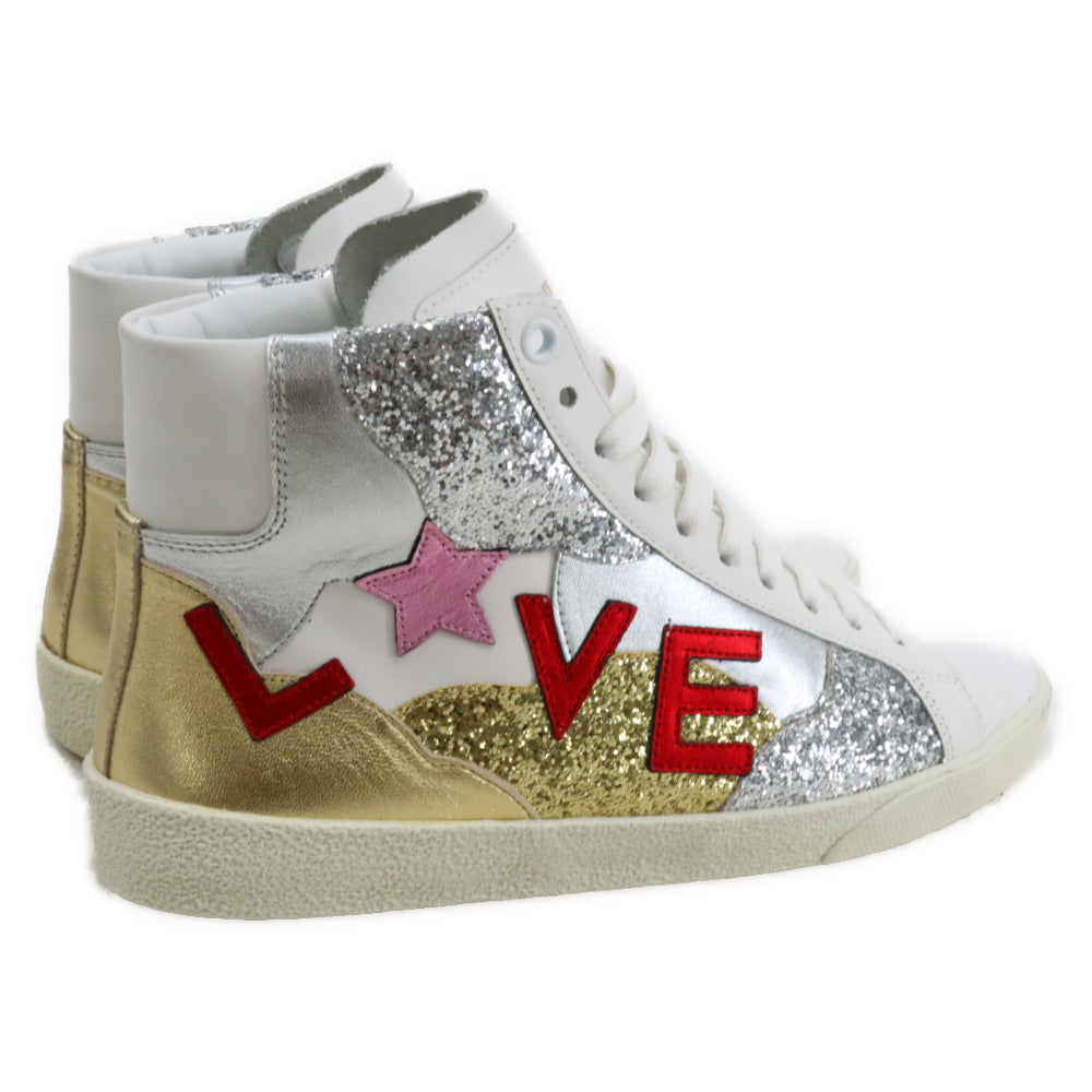 SAINT LAURENT PARIS(サンローランパリ) LOVE ラメ グリッター レザー パッチワーク ハイカット スニーカー レディース ホワイト LK457826