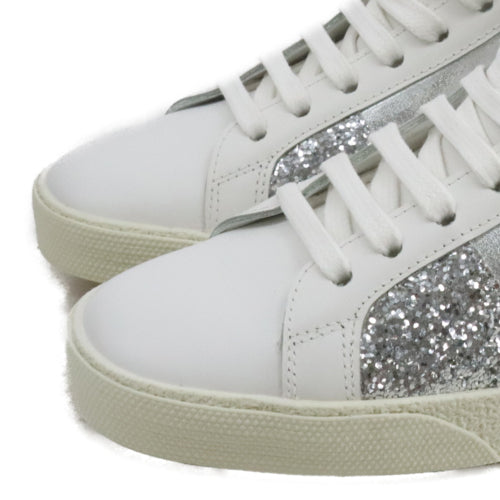 SAINT LAURENT PARIS(サンローランパリ) LOVE ラメ グリッター レザー パッチワーク ハイカット スニーカー レディース ホワイト LK457826