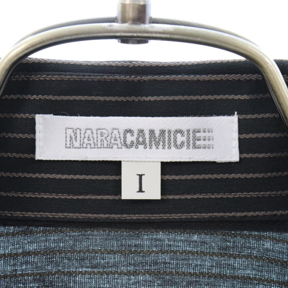 NARA CAMICIE(ナラカミーチェ) ストライプ フロントフリルデザイン オープンカラー 長袖シャツ ダークグレー レディース