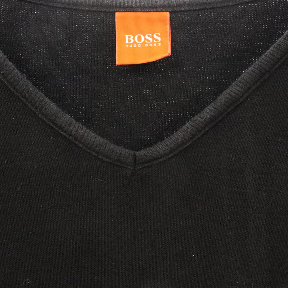 HUGO BOSS(ヒューゴボス) 裾 ロゴエンブロイダリー コットン ブイネック 長袖Tシャツ カットソー ブラック