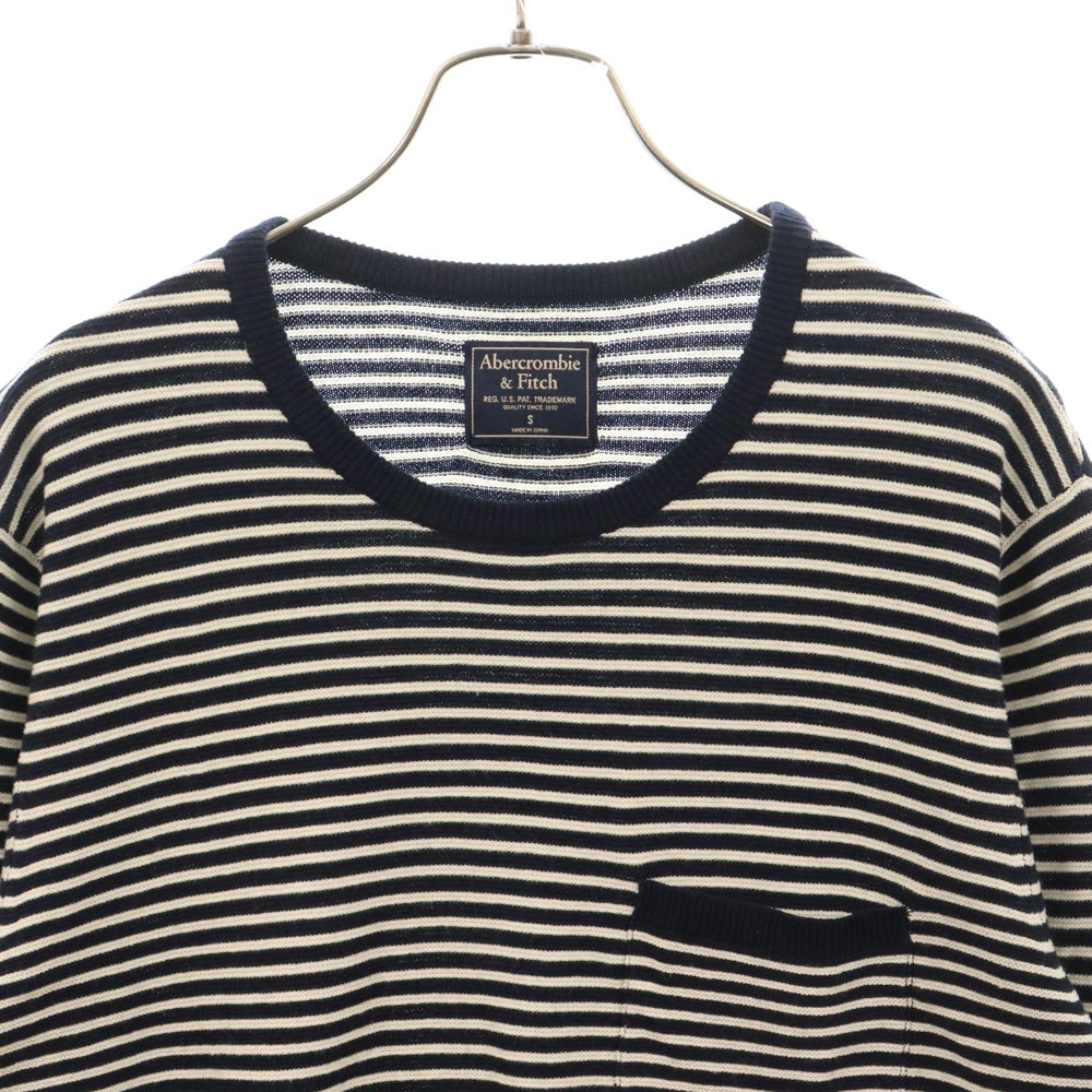 Abercrombie&Fitch(アバクロンビーアンドフィッチ) 胸ポケット ボーダー クルーネック コットン ニット 長袖セーター ネイビー/ホワイト